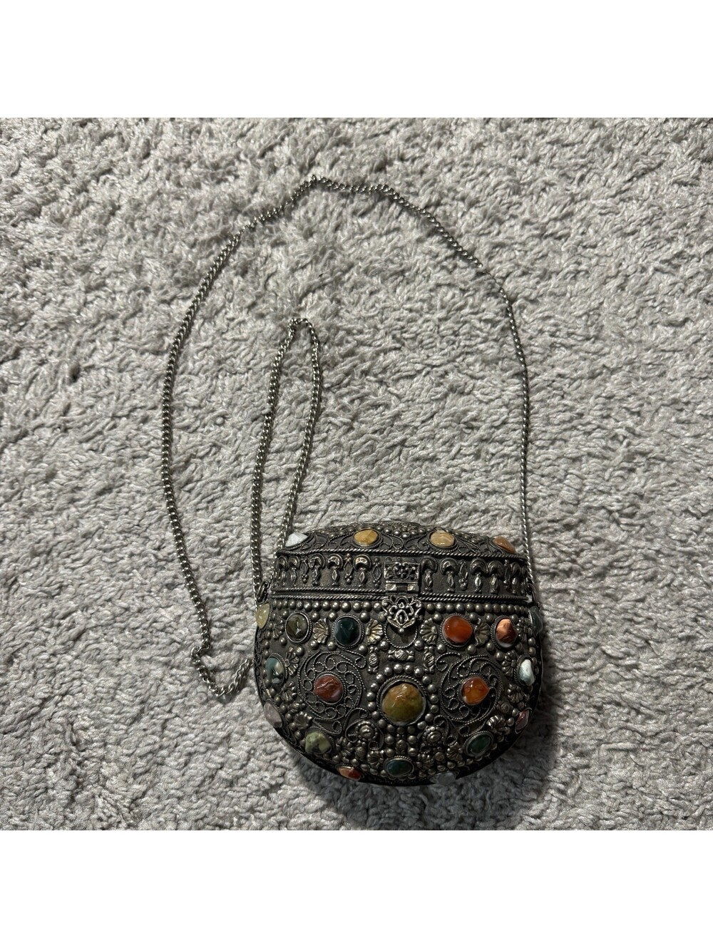 Vintage Sajai Metal Crossbody Purse with Natural Agate Stones Chain Strap